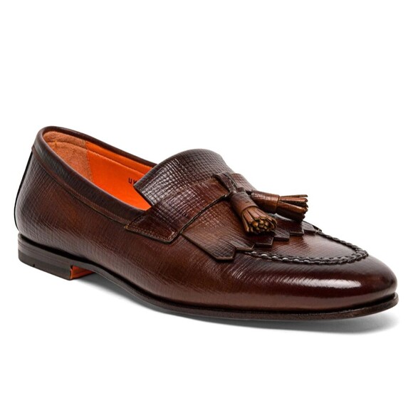 Santoni Carlos Men's Leather Tassel Loafers Slip-On Shoes Brown Size UK 8 / US 9